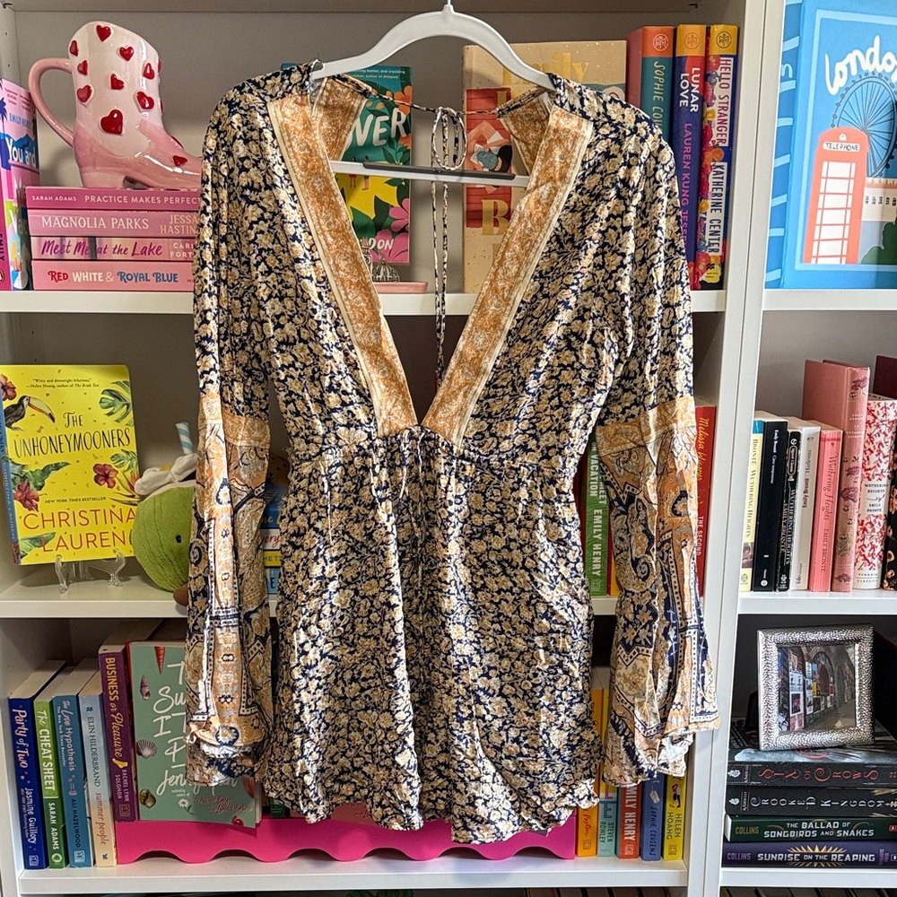 Free People Navy and Gold Floral Romper with Bell Sleeves